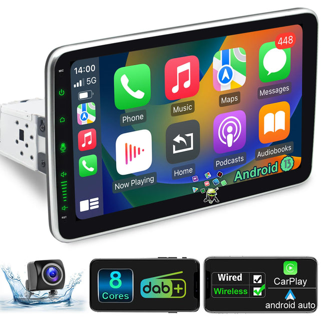Android 13 Car Radio with Navigation 10 Inch Screen Built-in DAB+ Wireless Carplay &amp; Wireless Android Auto 1 Din Car Radio Touch Display with Bluetooth 8 Core 2G+32G WiFi 4G GPS AM/FM RDS Rear View Camera