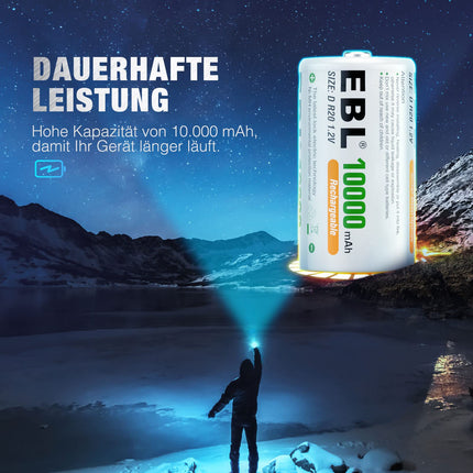 EBL D aku 10000mAh, laetav D-tüüpi NI-MH aku, 4 tk koos hoiukarbiga, mono-D aku