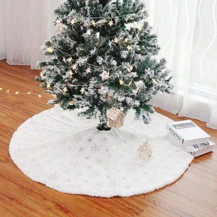 BAKAJI Christmas tree rug, diameter 78 cm, made of soft plush, white, snow effect with snowflake decoration, Christmas decoration (silver)