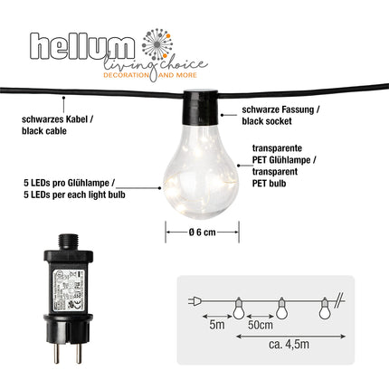 hellum LED party light chain outside, light chain light bulbs warm white with 10 lamps, illuminated length 4.5m, 59 lm party lighting room garden balcony party indoor and outdoor 577884
