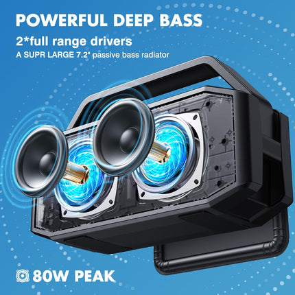 W-KING Bluetooth kõlar, 80W tippvõimsusega IPX6 veekindel, kaasaskantav muusikakarp Bluetooth karp 2 täisriba draiveriga/rikkalik bass, 2 sidumist/30 tundi/U-ketas/TF-kaart/AUX/EQ, suur peokõlar
