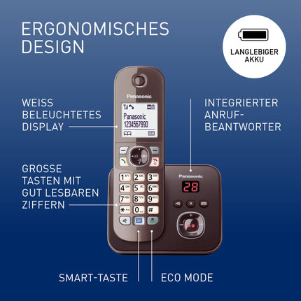 Panasonic KX-TG6821GA DECT cordless phone with answering machine (low radiation, Eco mode, GAP phone, landline, call barring) mocha brown