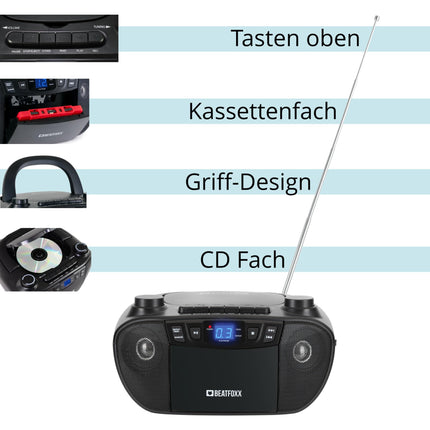 Beatfoxx CDB-1016 BK Boombox kasseti, CD-mängija, raadio ja kandekäepidemega - Diktofon AUX-sisendiga ja kõrvaklapiväljundiga - Toiteallikaks toitekaabel või 6x C-tüüpi patareid - Lastele ja täiskasvanutele