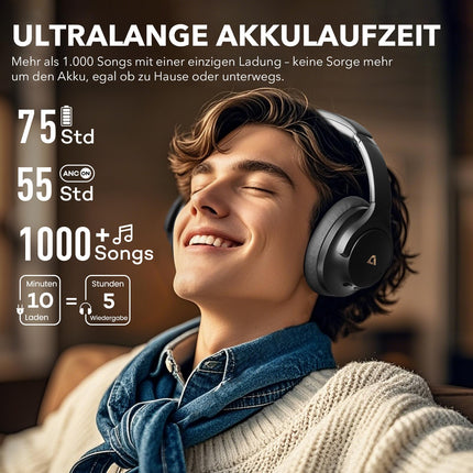1Mii Y8 juhtmevabad Bluetooth-kõrvaklapid, hübriidne aktiivne mürasummutus, LDAC kõrglahutusega heli, 75 tundi mänguaega, mugav istuvus ja kokkupandavad kõrvaklapid - süsimustad