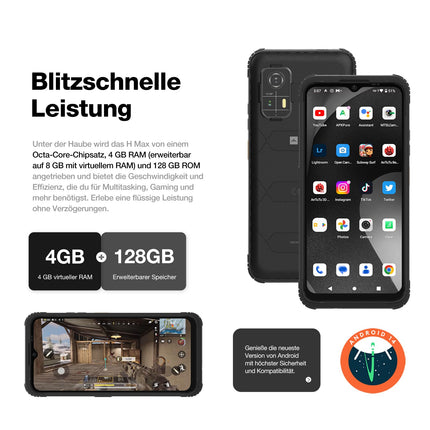 AGM H MAX lepinguta õues kasutatav mobiiltelefon 4G, 10000 mAh võimas nutitelefon Android 14, 4GB+128GB, 6,56-tolline HD+ ehitusplatsi mobiiltelefon IP68/Face ID/kahe SIM-kaardiga/NFC