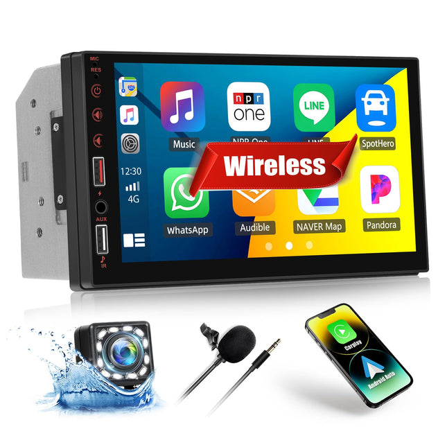 CAMECHO kahe DIN-pesaga raadio juhtmevaba Carplayga, 7-tolline puutetundlik ekraan, Android Auto autoraadio Bluetoothi, FM-i ja peegliühendusega, roolilt juhtimine, AUX, ekvalaiser, heli, YouTube ja tahavaatekaamera