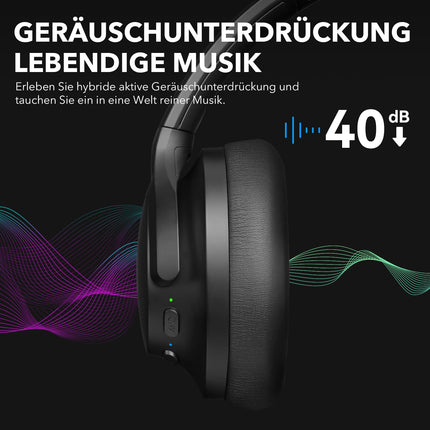 1Mii Y8 juhtmevabad Bluetooth-kõrvaklapid, hübriidne aktiivne mürasummutus, LDAC kõrglahutusega heli, 75 tundi mänguaega, mugav istuvus ja kokkupandavad kõrvaklapid - süsimustad