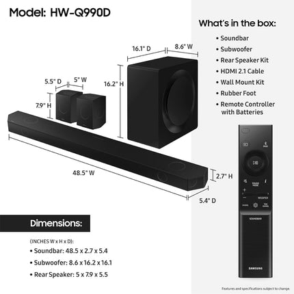 SAMSUNG HW-Q990D 11.1.4 kanaliga heliriba Dolby Soundiga, ruumilise heli laiendamise, adaptiivse heli ja juhtmevaba subwooferiga, 2024