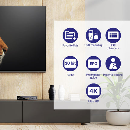 STRONG dekooder TNT UHD 4K | DVB-T2 | ühildub HEVC265-ga | USB-TV vastuvõtja/tuuner | Dolby Digital Plus | HDMI | Scart