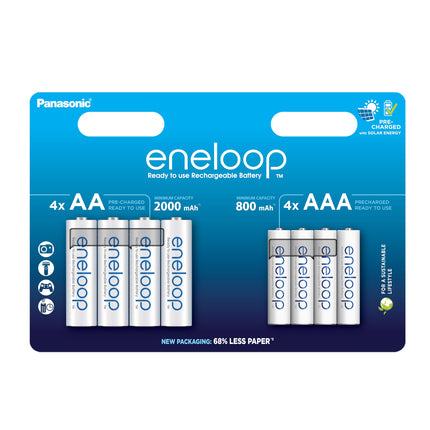 eneloop, AA/Mignon + AAA/Micro NI-MH laetav aku, 8 tk pakis, mahutavus min. 2000 + 800 mAh, kasutusvalmis NI-MH laetavad akud, laetav kuni 2000 korda, plastvaba pakend, standardne, valge