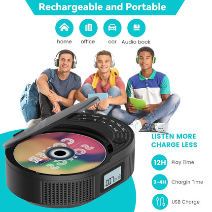 NEW 2025 CD Player Portable, Monodeal CD Player Bluetooth &amp; Radio FM 2 in 1, Rechargeable Portable CD Player with Speaker, Discman CD Player, Support AUX/USB-Black