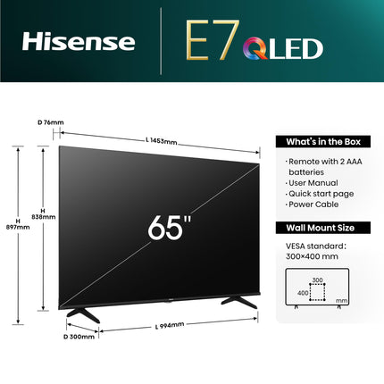 Hisense 65E7NQ 164 cm (65-tolline) televiisor, 4K UHD, QLED, HDR10, HDR10+ dekodeerimine, HLG, Dolby Vision Atmos, 60Hz paneel, sujuv liikumine, Bluetooth, sisseehitatud Alexa, VIDAA Voice, must [2024]