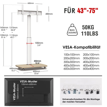 AOKCOS teleri põrandaalus rataste ja puidust riiuliga, ratastega telerialus 43–75-tollistele lame- ja kumeratele teleritele kuni 50 kg, kõrgusega reguleeritav pöörlev telerialus, max. VESA 600x400 mm