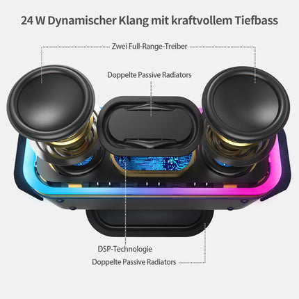 DOSS SoundBox Pro+ Bluetooth-kõlar, 24 W stereoheli, lisabass, 15-tunnine aku, IPX6 veekindel, värviline valgusshow, stereo sidumine, Bluetooth-muusikakarp telefonile, õues, rannas, kodus - hall