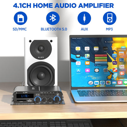 4.1-channel amplifier, 1600W mini hifi amplifier, Bluetooth 5.0 for home speakers 40W x 4 + active subwoofer from 110-240V to 12V with USB TF slot MP3 player with remote control