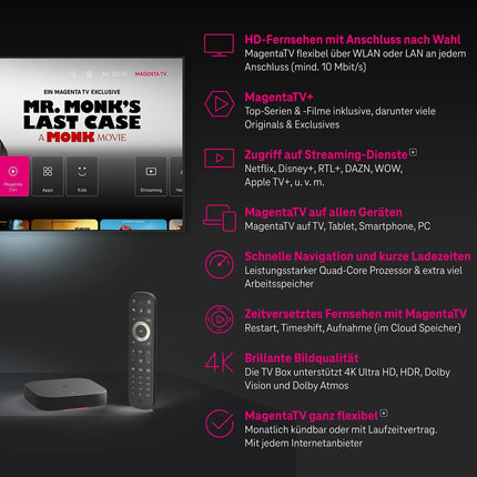 MagentaTV One (2. põlvkond) | Android TV Box WiFi ja LAN-ühendusega | MagentaTV enam kui 150 HD-kanaliga, 4K UHD, HDR, otseülekanne ja ajanihkega video | (Netflix, Disney+, RTL+, DAZN, Wow, Apple TV+) ja Google Play pood