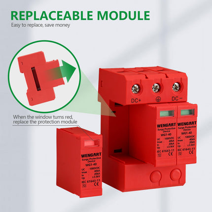Wengart surge protection device, DC1000V 3P 20-40kA 36 mm DIN rail mounting, low-voltage protective device for lightning protection, power distribution and control devices