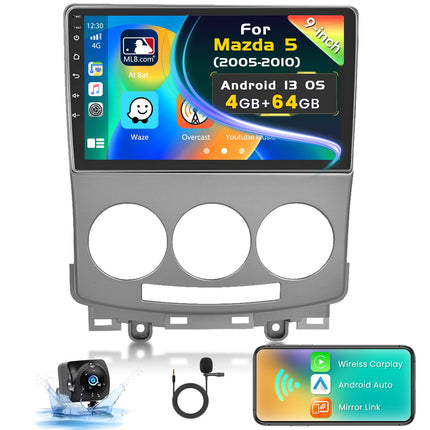 Inefala 4G+64G Android autoraadio Mazda 5 2005-2010 juhtmevaba CarPlay Android Auto-ga, 9-tolline puutetundliku ekraaniga raadio Bluetooth 2 DIN navigatsiooniga GPS WiFi RDS/FM SWC mikrofon tahavaatekaamera