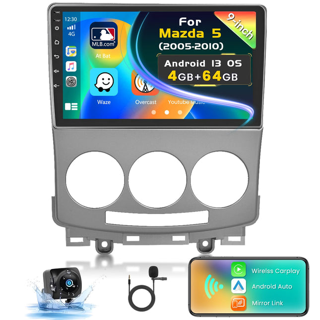 Inefala 4G+64G Android autoraadio Mazda 5 2005-2010 juhtmevaba CarPlay Android Auto-ga, 9-tolline puutetundliku ekraaniga raadio Bluetooth 2 DIN navigatsiooniga GPS WiFi RDS/FM SWC mikrofon tahavaatekaamera