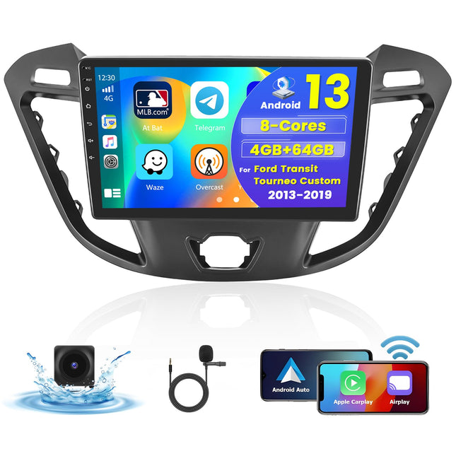 [8 südamikku 4G + 64G] Hikity autoraadio Android 13 Ford Transit Tourneo Custom 2013-2019 9-tollise puutetundliku ekraaniga raadio 1280 * 720 piksliga 32EQ FM RDS juhtmevaba Carplay Android Auto GPS navigatsioon tahavaatekaamera