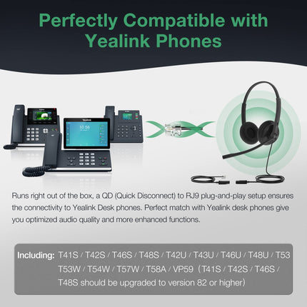 Yealinki telefonipeakomplektid kontoritelefonidele YHS34 Lite QD - RJ9 juhtmega peakomplekt, ühildub Poly Avaya Snom Grand Stream telefonidega, lauatelefoni peakomplekt mikrofoniga - kahekordne/111g/2.1m kaabel