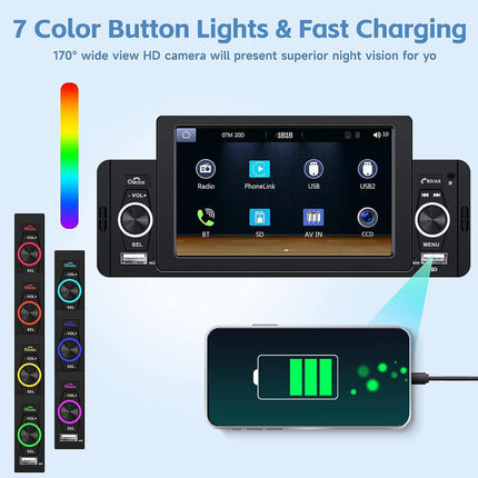 1 DIN autoraadio, 5-tolline puutetundliku ekraaniga autoraadio, Bluetooth-vabakäesüsteem, ühe DIN-iga FM-raadio koos peegliühendusega BT/USB/AUX-sisend/SD-kaardi pesa/rooliratta juhtimine + tahavaatekaamera + mikrofon