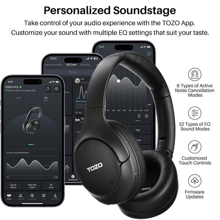 TOZO HT2 kõrvaklapid Bluetooth-kõrvaklapid, hübriidsed aktiivse mürasummutusega kõrvaklapid, juhtmevabad Bluetooth-kõrvaklapid rakenduse juhtimisega, kõrglahutusega heli, 60 tundi mänguaega, sügav bass, mugavad kõrvaklapid, must