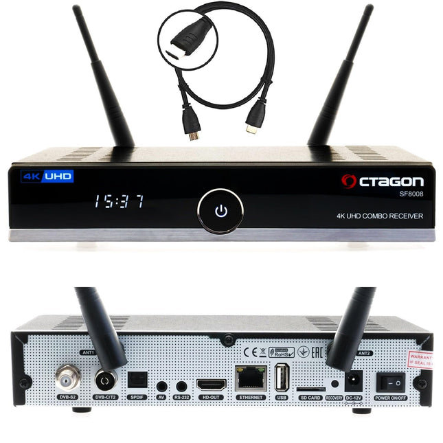 Octagon SF8008 UHD 4K kombineeritud vastuvõtja, satelliit-, kaabel- ja DVB-T2 vastuvõtja, E2 Linux ja Define OS, DVB-S2X ja T2C, PVR salvestusfunktsiooniga, gigabiti LAN, kaardilugeja, satelliit-IP ühendus, mitmevoog, H.265, WiFi