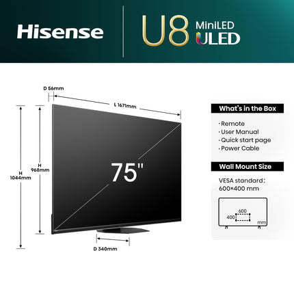 Hisense 75U8NQ 189cm (75-inch) TV, 4K Mini LED ULED HDR Smart TV, Quantum Dot, 120Hz/144Hz VRR, HDMI 2.1, Game Mode Pro, 2.1.2 Channel Sound, Dolby Vision IQ &amp; Atmos, Anthracite, [2024]