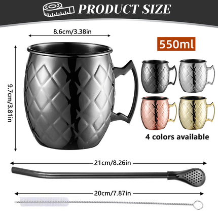 Pasdrucn 450 ml Moscow Mule Mugs Set of 4, Gin Glasses, 3D Embossed Cocktail Glasses with 4 Cocktail Straws and 1 Cleaning Brush, Single-Layer Wine Glasses, Cocktail Glasses, Whiskey Glasses (Silver)