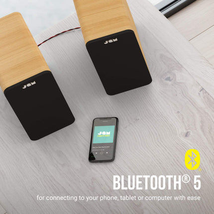 JAM Bluetooth-riiulikõlarid – aktiivkõlarid RCA ja AUX sisenditega, rikkalik heli, Bluetooth 5.0 ühenduvus, 4-tolline basskõlar, plaadimängijaga ühilduv, puit