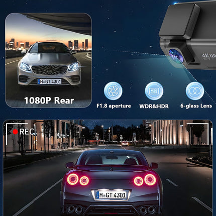 CHORTAU auto armatuurlaud esi-taga 4K+1080P, WiFi armatuurlaud kaamera 3-tolline LCD-ekraan 64GB SD-kaardiga, topelt autokaamera rakenduse juhtimisega, superöine nägemine, WDR, G-andur, tsükkelsalvestus, parkimise jälgimine
