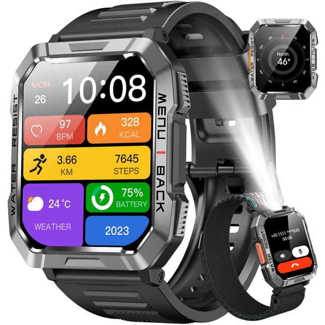 Blackview Smartwatch Men, Fitness Watch with Phone Function, Make/Receive Calls, Compass, IP68 Waterproof, Sports Watch with 100+ Sports Modes, Heart Rate Sleep Monitor, Pedometer, Watch for Android iOS
