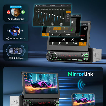 Podofo DAB+ 1 DIN Bluetooth-autoraadio CarPlay ja Android Auto juhtmevaba süsteemiga, mootoriga hüpikaknaga, 7-tollise puutetundliku ekraaniga, Mirror Link FM-iga, USB Type-C-pordiga, AUX-mikrofoniga, tahavaatekaameraga