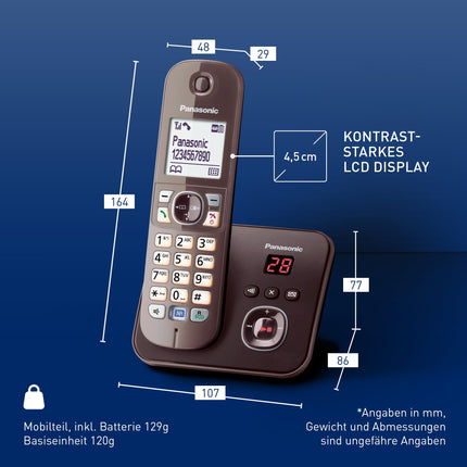 Panasonic KX-TG6821GA DECT cordless phone with answering machine (low radiation, Eco mode, GAP phone, landline, call barring) mocha brown