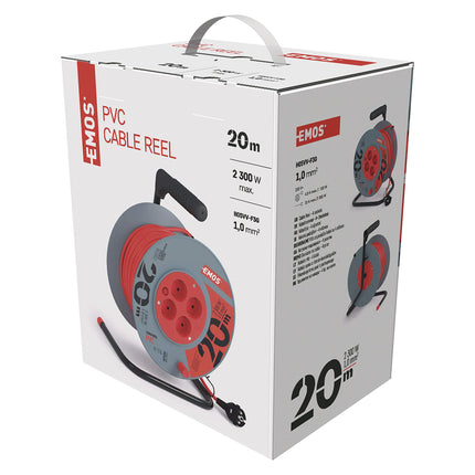 EMOS - Kaablirull 20m - 4 Schuko pistikupesa - 230 V, 10 A, 2300 W - kvaliteetne PVC isolatsioon - H05VV-F3G 1.0 mm² - ülekuumenemiskaitse, rullpidur - IP20 sisekasutuseks