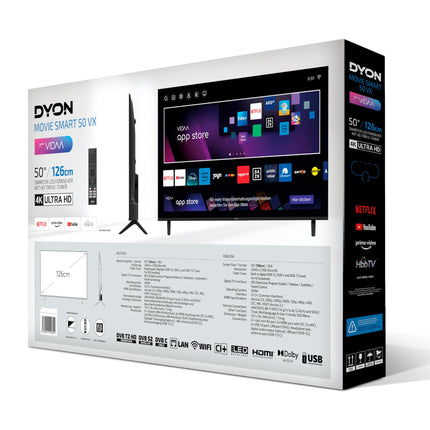 DYON Movie Smart 50 VX - 50-inch (126 cm) TV (4K Ultra HD Smart TV, Triple Tuner (DVB-C/-S2/-T2), App Store, Prime Video, Netflix, YouTube, DAZN, Disney+) [Mod. 2024]