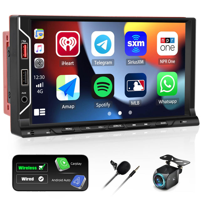 CAMECHO kahe DIN-iga autoraadio juhtmevaba Carplay ja Android Auto toega, 2 DIN-iga autoraadio 7-tollise autoekraaniga, puutetundliku ekraaniga autoraadio Bluetoothi, FM-raadio, EQ ja USB-ühendusega + tahavaatekaamera + mikrofon