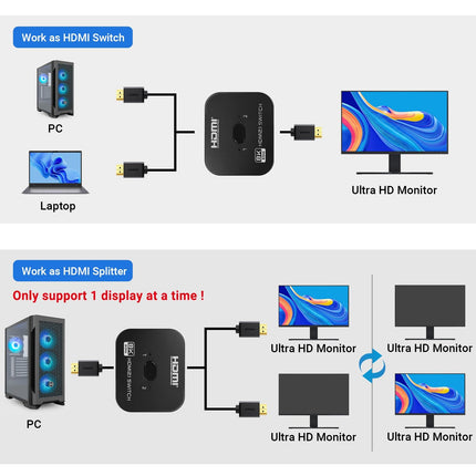 TCNEWCL 8K 60Hz HDMI lüliti 1 sisse 2 väljundit või jaotur 2 sisse 1 väljund toitekaabliga, 4K 120 Hz jaotur teleri/arvuti/sülearvuti/DVD/PS4/PS5/Xboxi/TV-pulga/mänguboksi/Blu-Ray mängija/projektori jaoks