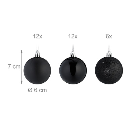Relaxdays Christmas balls, set of 30, plastic, diameter 6 cm, round Christmas tree decoration, shatter-proof, black