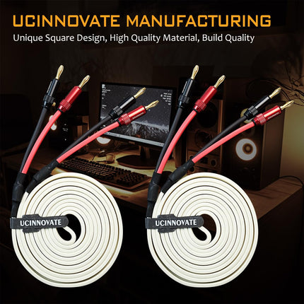Audiophile white speaker cable with banana plugs, 2x 1.5m / 4.9FT OFC HiFi speaker cable with gold-plated banana plugs, 14 AWG audio cable for speaker terminal, home theater, subwoofer