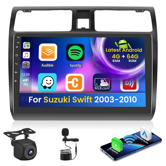 Inefala Android autoraadio Suzuki Swift 2003-2010 4+64G jaoks koos juhtmevaba CarPlayga, Android Auto, 10-tolline ekraan, tugi FM RDS 32EQ GPS Bluetooth WiFi SWC AHD tahavaatekaamera
