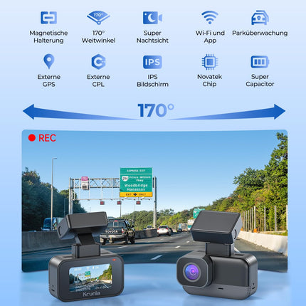 Krunia 2K WiFi mini autoregistraator, esikaamera rakendusega, CPL tugi, väline GPS, WDR öönägemine, 24H parkimise jälgimine, magnetiline kinnitus, superkondensaator, 170° lainurkkaamera