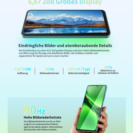 OUKITEL C58 (16GB+128GB) nutitelefon ilma lepinguta - 6,67-tolline 90Hz Android 14 mobiiltelefon soodne, 5150mAh aku, 13MP+5MP kaamera, näotuvastus ja sõrmejäljelugeja, NFC, GPS, kahe SIM-kaardi pesa 4G soodne nutitelefon, roheline