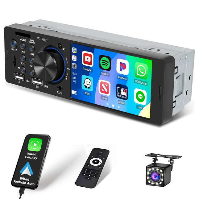 Inefala Radio Carplay 1 DIN with Android Auto FM/RDS Radio Mirror Link, Touchscreen 4 inch Car Radio Bluetooth 1 DIN with SWC EQ, Rear View Camera, Microphone, USB/AUX/TF Card