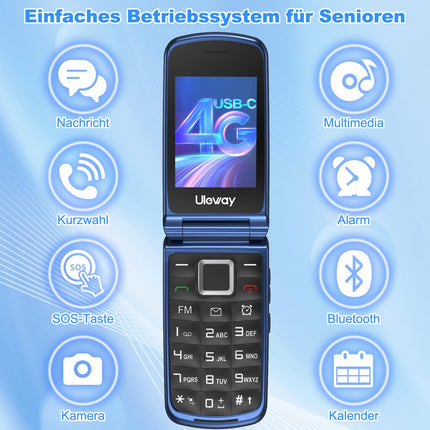 4G Flip Phone for Seniors with Large Buttons, Dual-SIM Flip Mobile Phone with Charging Cradle | SOS Emergency Call Function | Speed ​​Dial | Flashlight | FM Radio | 2.4+1.77 Inch Dual Color Display | Blue
