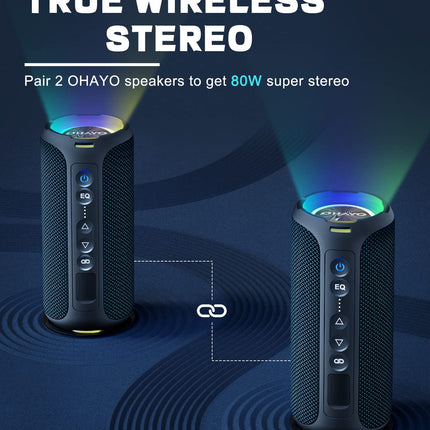 OHAYO Bluetooth Speaker 40W Portable Bluetooth Box with LED Light, Music Box with Enormous Bass, 360° Stereo Sound, IPX7 Water Resistant, 30H Battery, 3 Modes, Wireless Outdoor Speaker for iPhone