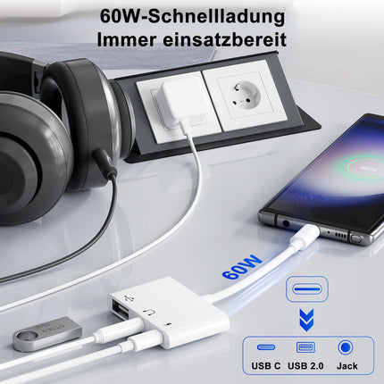 【3 ühes】USB C - 3,5 mm pistikupesa kõrvaklappide adapter laadijaga OTG USB-adapter, C-tüüpi Aux Audio kõrvaklappide pesa jaotur Samsung Galaxy S22/S21/S20 iPad Pro Air Pixel 6/5/4 (valge)