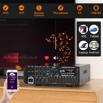 Areyourshop Hifi Amplifier Stereo PA Power Amplifier with Bluetooth 5.0 2000W Audio Receiver Karaoke FM USB SD AUX, Preamplifier Hifi 5-Band EQ Mixer, 4 Mics, Amplifier with Speakers, Tuner Hifi Stereo