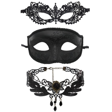 JewelryWe Ehted 3 tk maskikaelakee komplekt must seksikas paar Veneetsia pitsist silmamask gooti kaelakee kaelarihmaga naiste maskeraadi kostüüm Halloweeni karnevalipeoks Cosplay